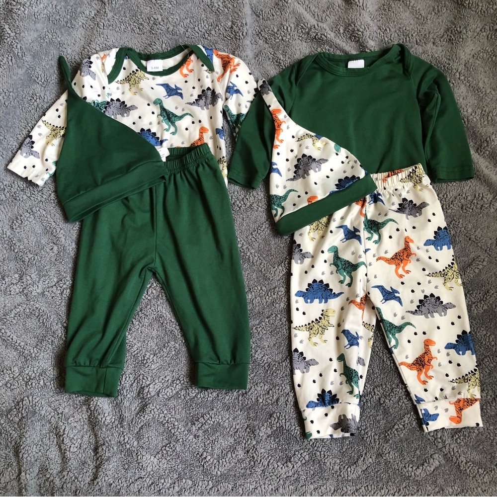 Toddler Dinosaur 4-Piece Pajama Set - Green & Cream